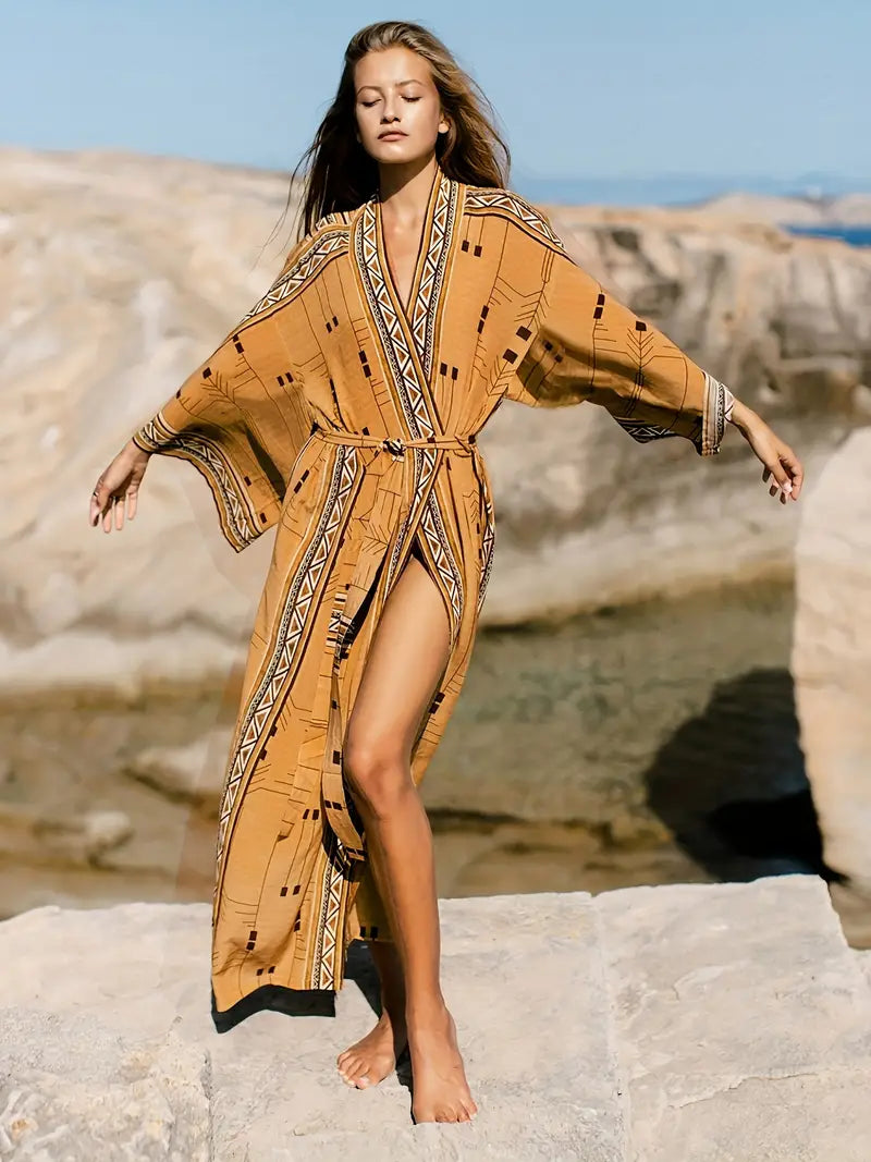 Valenzora | Boho Plus Size Kimono mit Bindegürtel Maxi-Tunika