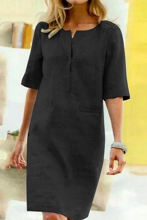 Valenzora | Straight dress with short sleeves made of cotton and linen