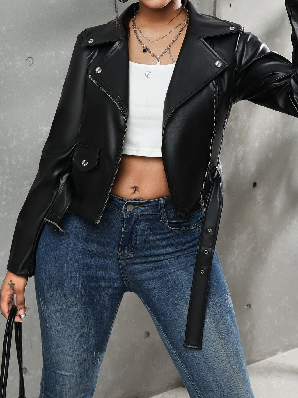 Valenzora | Black leather jacket with belt for women