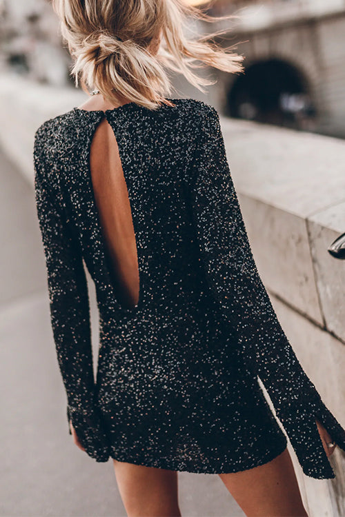 Valenzora | Slit Long Sleeves Back Cutout Sequin Mini Dress