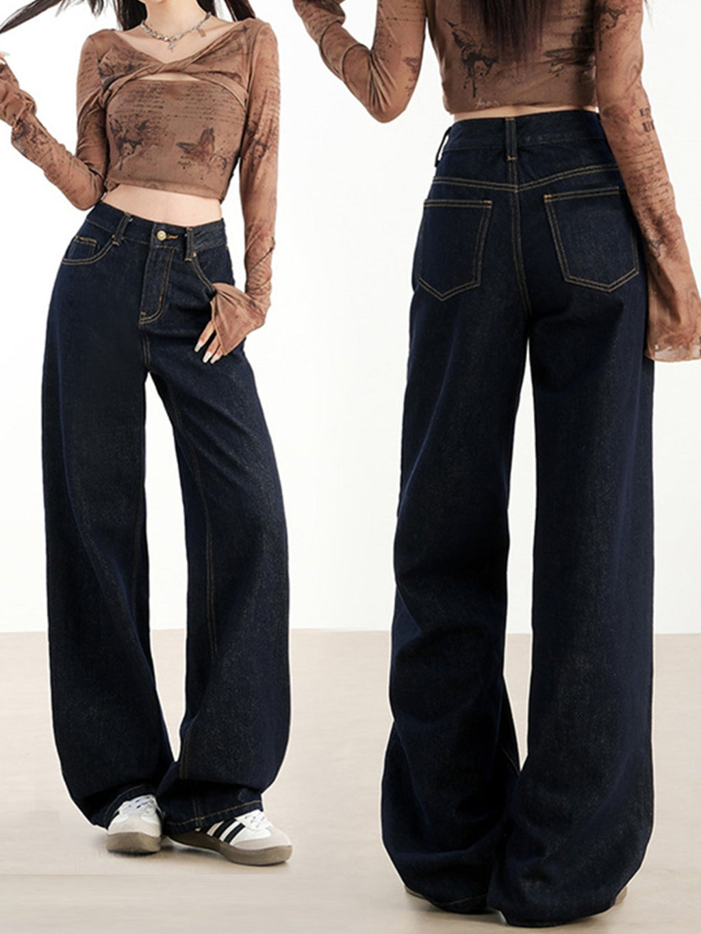 Valenzora | Loose-fitting dark high-waisted floor-length denim trousers