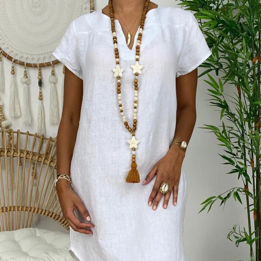 Valenzora | Chic linen midi dress with V-neck for women