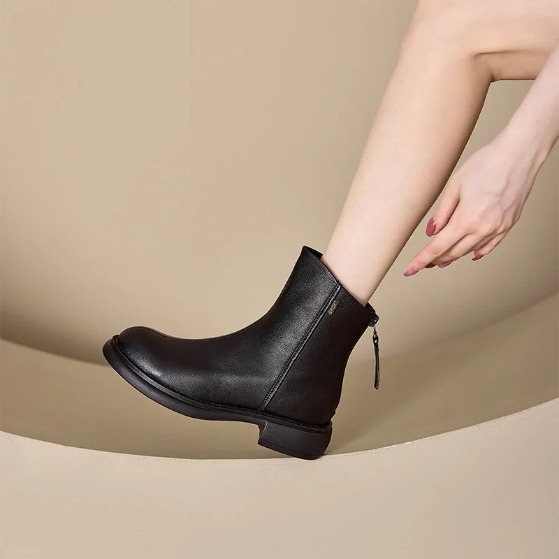 Valenzora | Women's Leather Ankle Boots with Back Zipper and Low Heel
