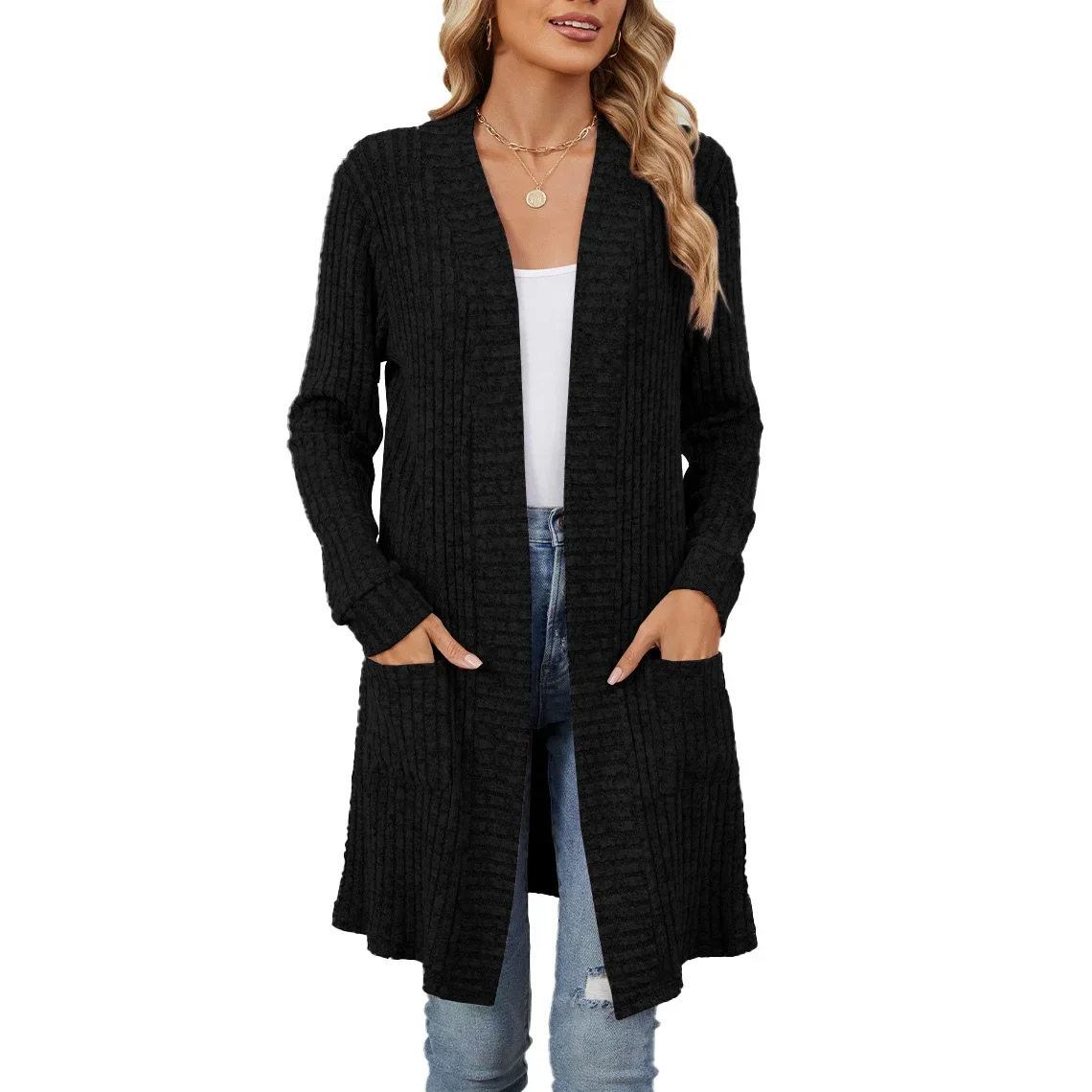Valenzora | Long Women's Ribbed Open Front Cardigan with Pockets