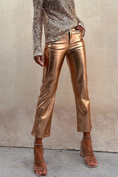 Valenzora | Metallic Faux Leather Straight Leg Cropped Trousers