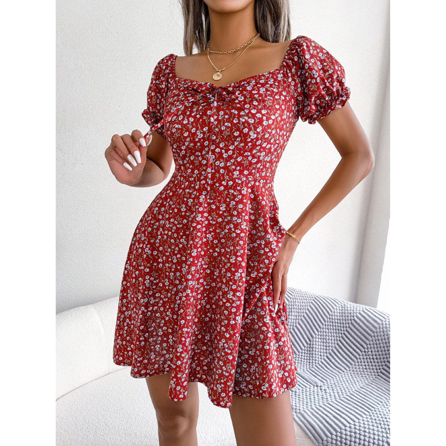Valenzora | Summer dress with floral puff sleeves for women