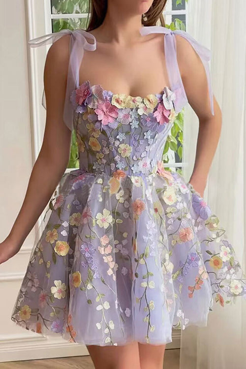 Valenzora | Proof Of Perfection 3D Flower Embroidered Tie-Sash Mini Dress