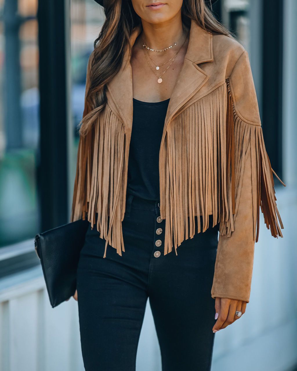 Suede jacket for women with tassel trim