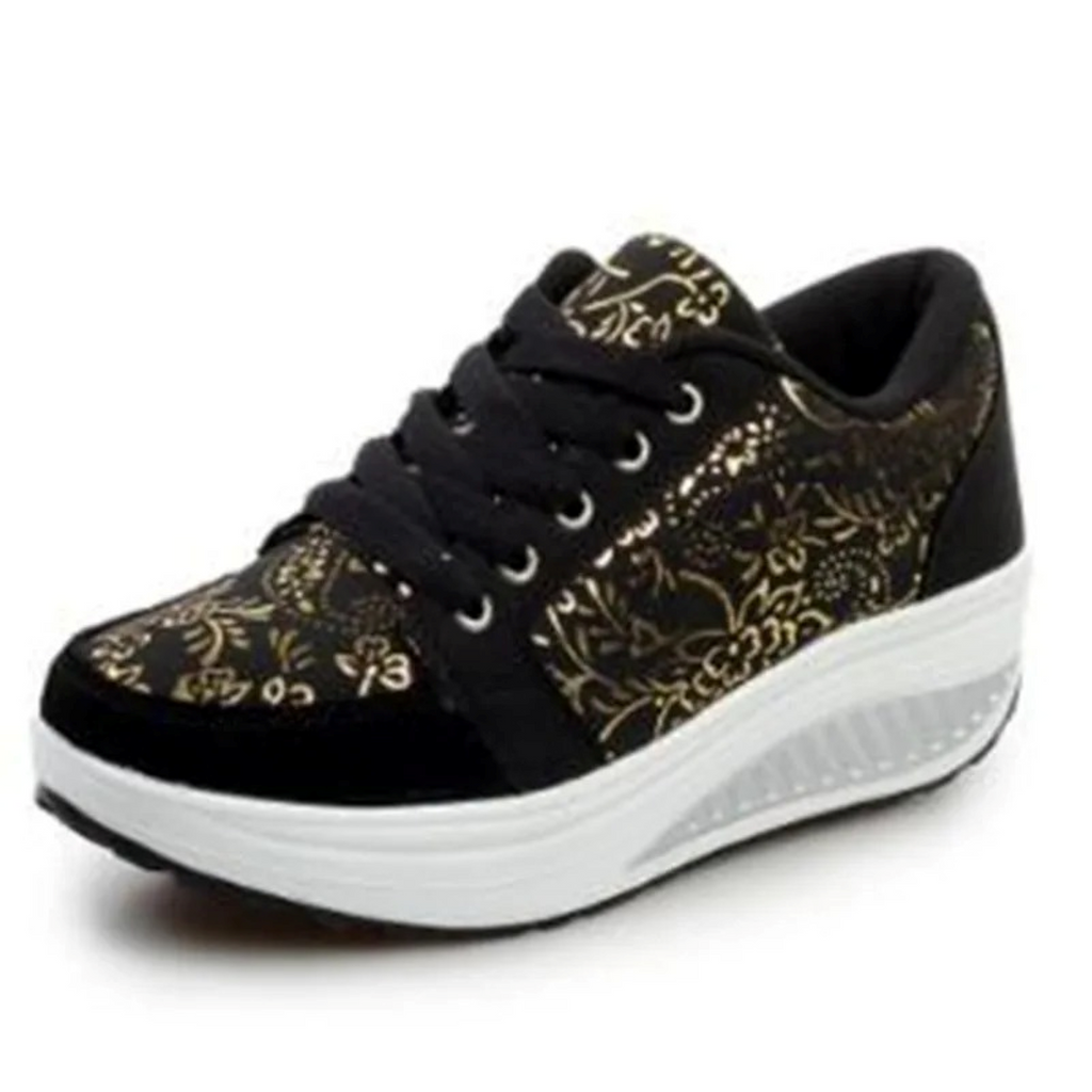 Valenzora | Black Leather Orthopedic Women's Sneakers with Floral Pattern
