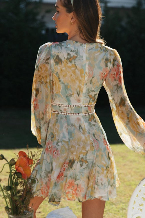 Valenzora | Radiant Sweet Long Sleeve Floral Pattern Mini Dress