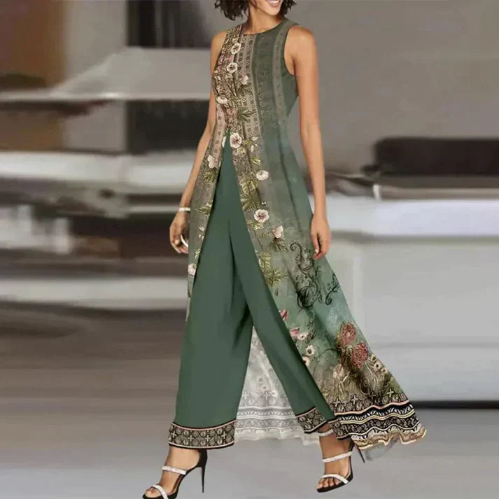 Valenzora - Two-piece set green round neck