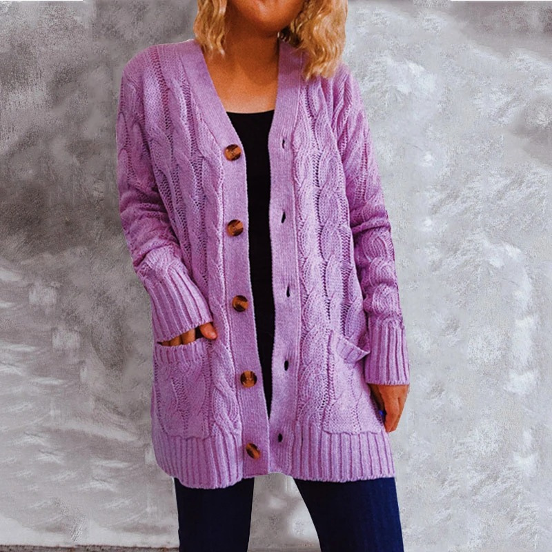 Valenzora | Damen-Wollstrickjacke mit Zopfmuster und Holzknöpfen, lockere Passform