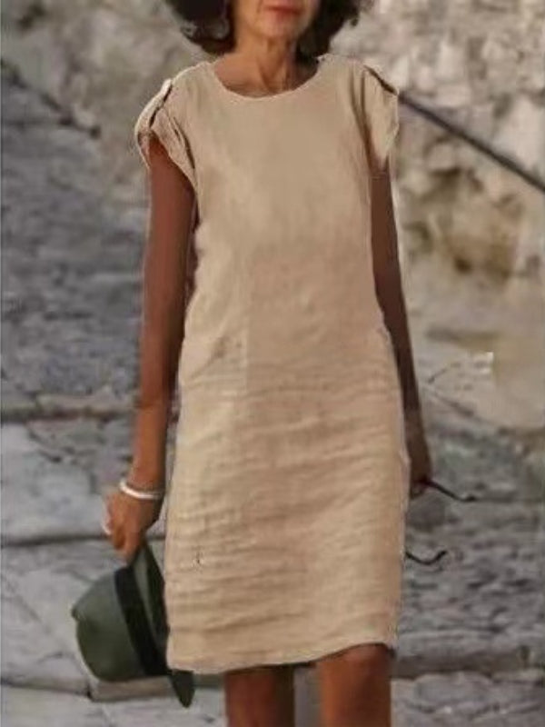Valenzora | Damen-Midikleid aus farbenfroher Baumwoll-Leinen-Mischung, ärmellos mit Rundhalsausschnitt