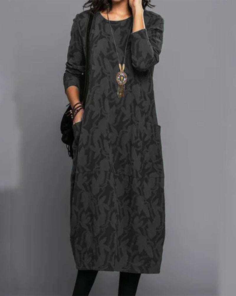 Valenzora | Bohemian Autumn Long Sleeve Printed Pocket Dress for Women