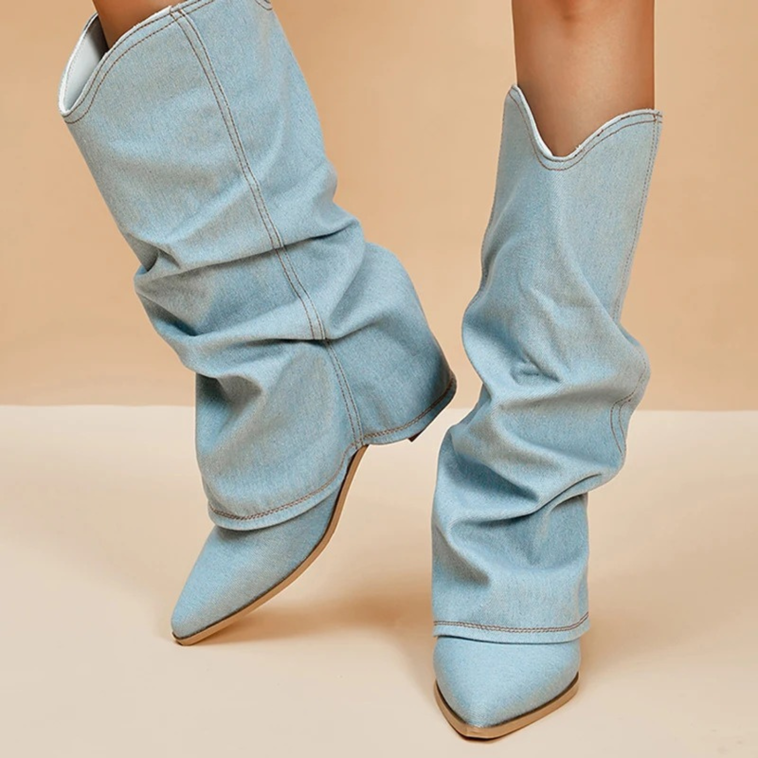 Valenzora | folded denim boots with block heel
