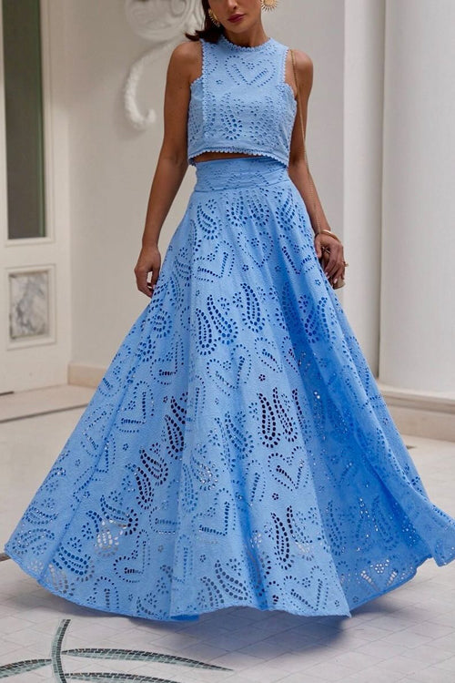 Valenzora | Rosiedress Lace Hollow Out Round Neck Crop Tank Top High Waist Maxi Swing Skirt Set