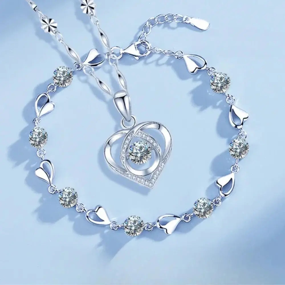 Valenzora | 925 Sterling Silver Heart-Shaped Necklace and Bracelet Set for Women