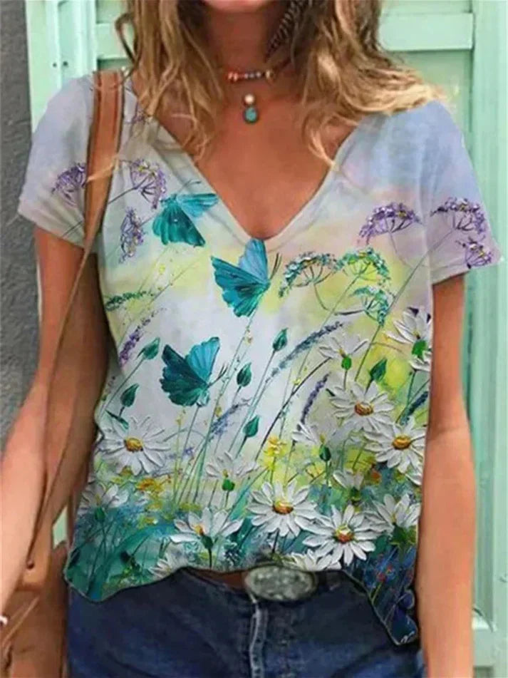 Valenzora | V-Ausschnitt-Shirt mit floraler Bemalung
