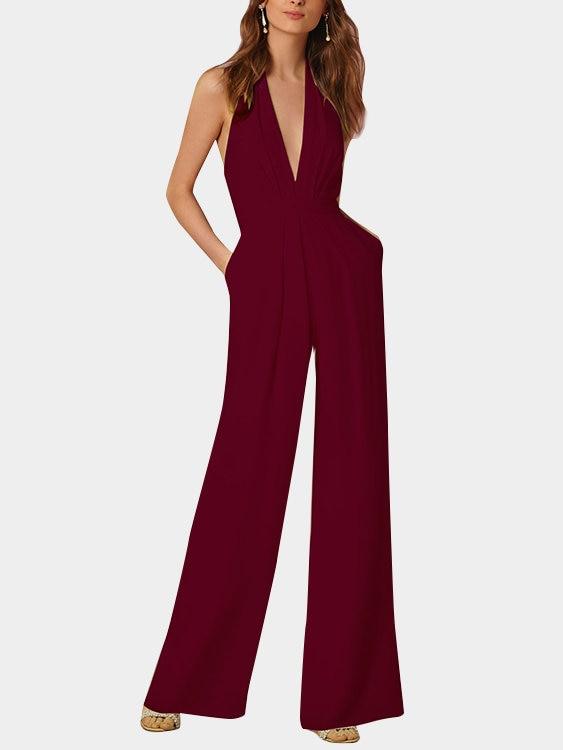 Valenzora | Tiefer V-Ausschnitt Ärmelloser Jumpsuit mit weitem Bein
