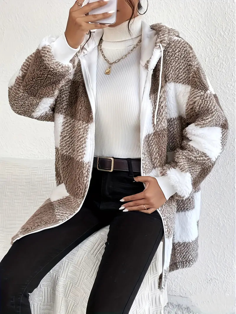 Valenzora | Checkered Teddy Hoodie Jacket | Warm and comfortable for winter