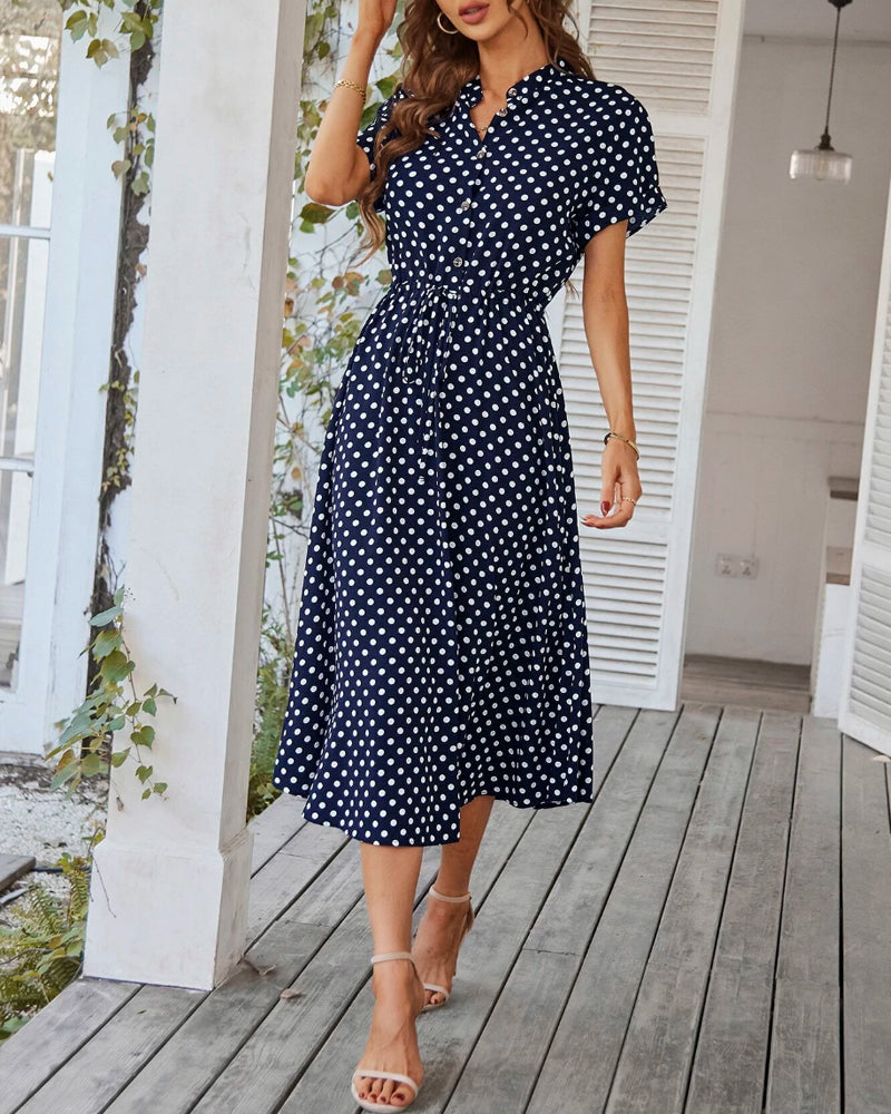 Valenzora | Dress with polka dot drawstring and button placket