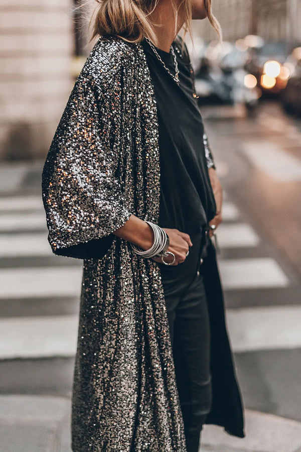 Valenzora | Disco Glamour Pailletten Kimono mit ausgestellten Ärmeln