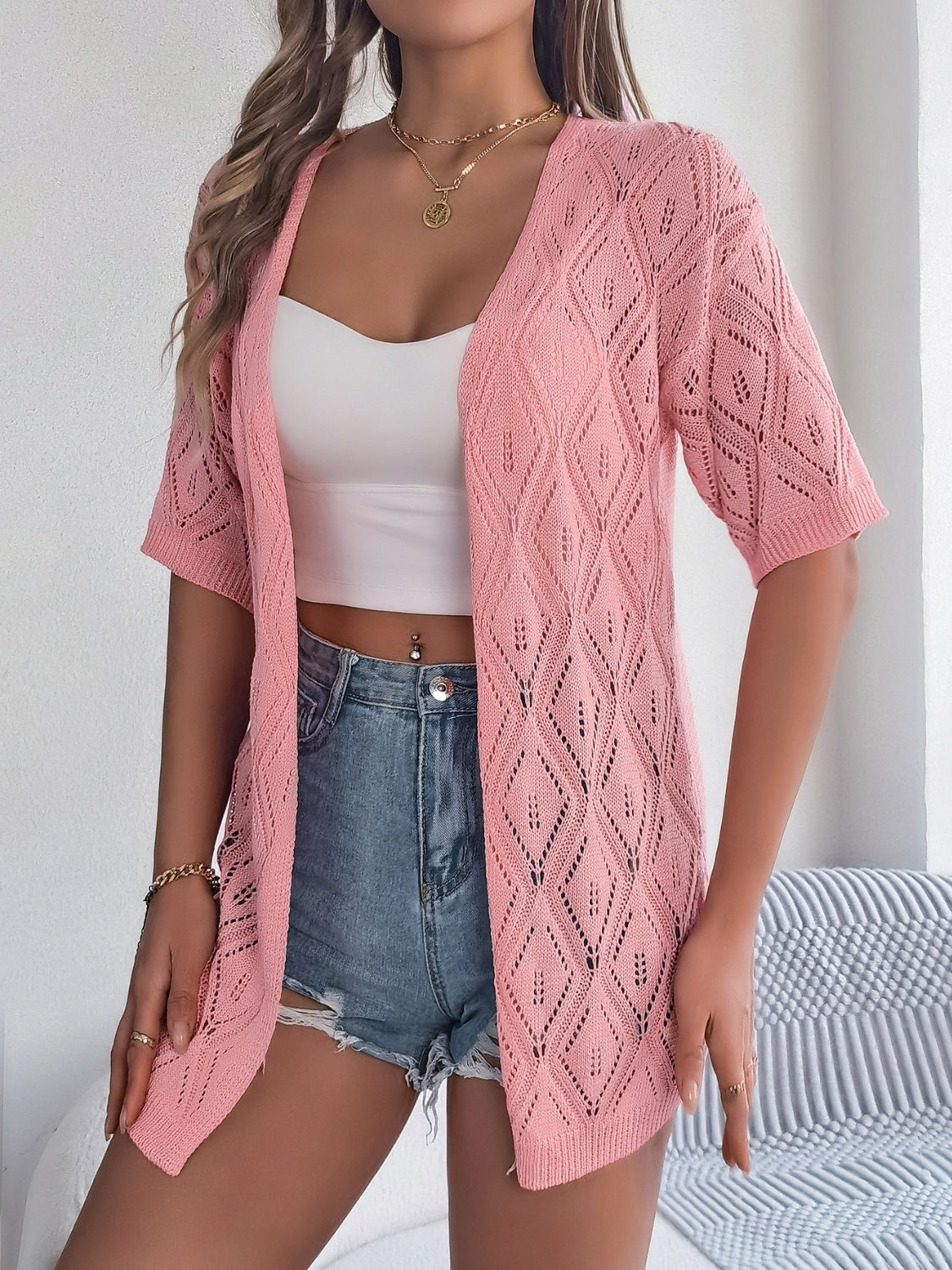 Valenzora | Open-front, open-cut, short-sleeved cardigan