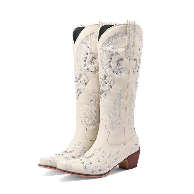 Valenzora | Bestickte Western-Denim-Retro-Kniehohe Stiefel für Damen