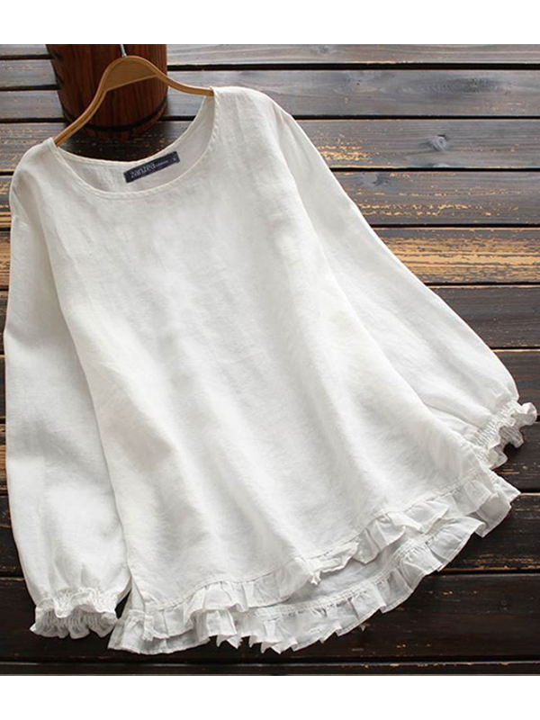 Valenzora | O-neck Solid color Long sleeves Ruffled Linen Tops