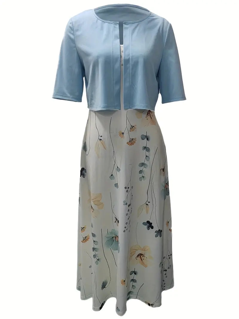Valenzora | Elegant two-piece floral dress set with solid color crop top and round neck dress
