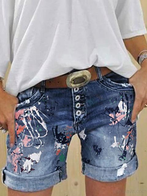 Valenzora | Multi-button print denim shorts