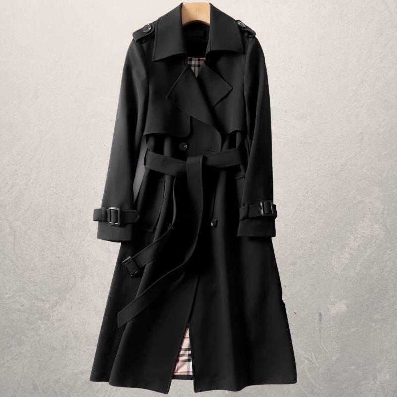 Valenzora | Langer Trenchcoat, klassischer Schnitt, zweireihig mit Gürtel und Sturmklappe
