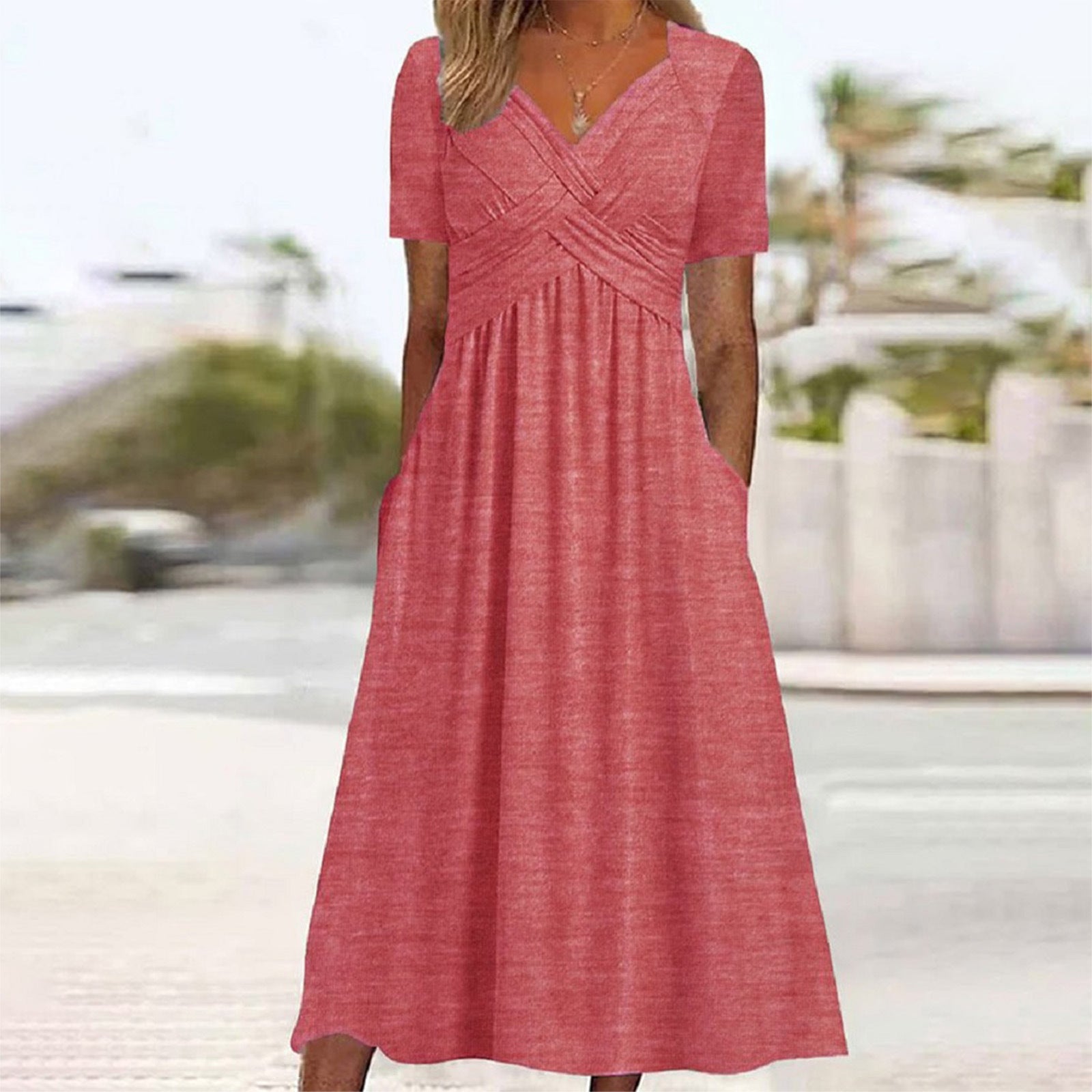 Valenzora | Blue, simple midi dress with V-neck