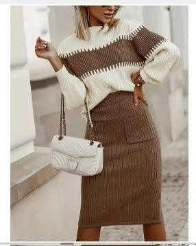 Valenzora | 1-piece knitwear set - long-sleeved sweater and slim midi skirt
