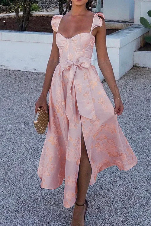 Valenzora | Rosiedress Rüschenschulter Schleifenbund Schlitz Bedrucktes Vintage-Partykleid