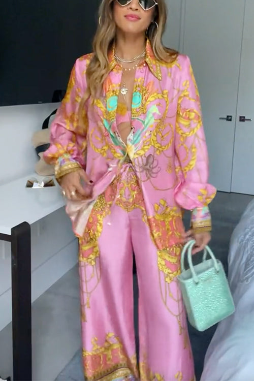 Valenzora | Rosiedress Unique Print Lantern Long Sleeve Blouse Shirt and Wide Leg Trousers Holiday Outfit Set