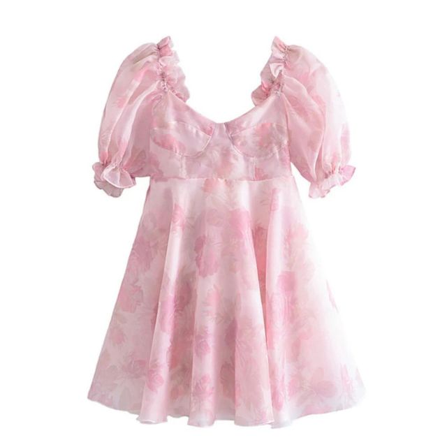 Valenzora | Organza dress with floral pattern, puff sleeves and sweetheart neckline