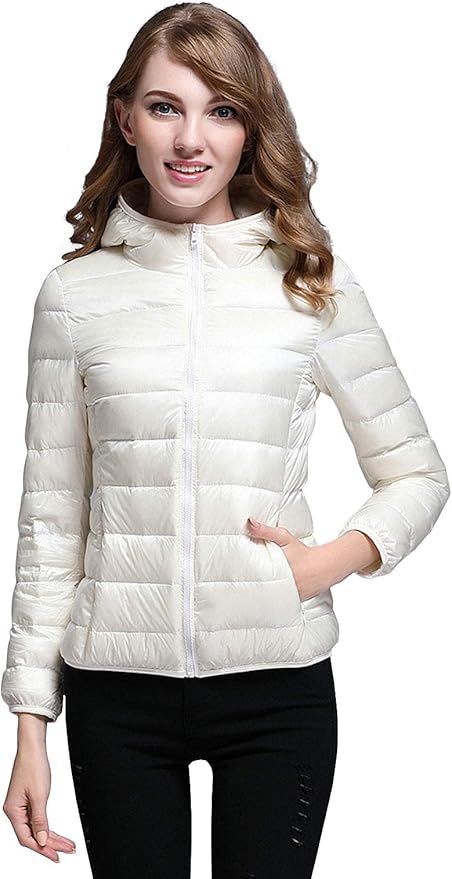 Valenzora | Women's Winter Down Jacket with Hood, White and Black - Foldable Down Jacket