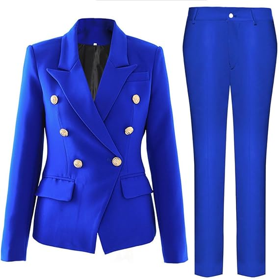 Women's elegant business suit set with double button placket and slim fit, size
