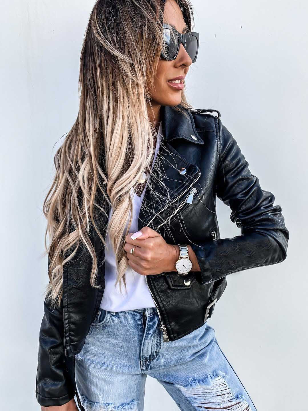 Valenzora-PU leather coat, short zip jacket