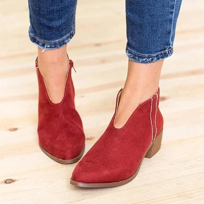 Valenzora | Damen-Wildleder-Stiefeletten mit niedrigem Blockabsatz, V-förmigem Design, Reißverschluss