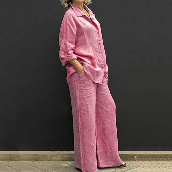 SummerSilhouette Duo™ – Damen Leinen-Zweiteiler mit Bluse & Hose, Luftig, Elegant & Bequem für den Sommer