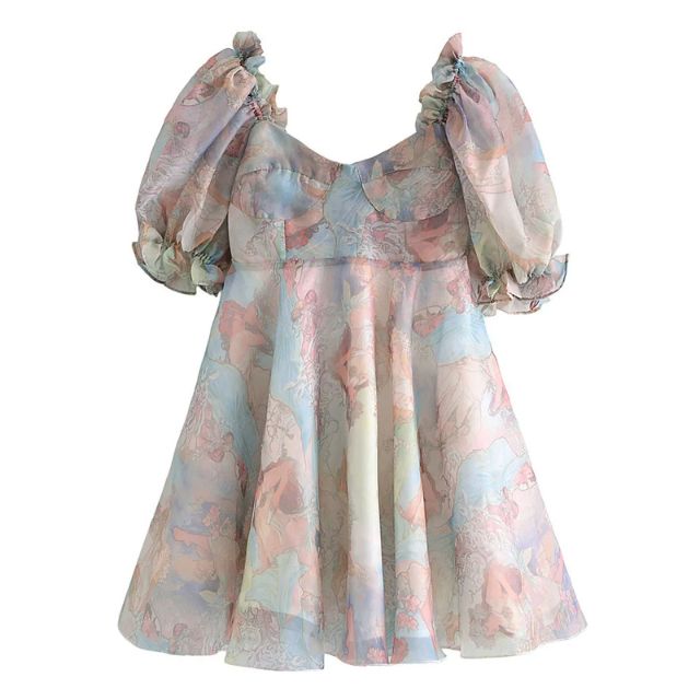 Valenzora | Organza dress with floral pattern, puff sleeves and sweetheart neckline