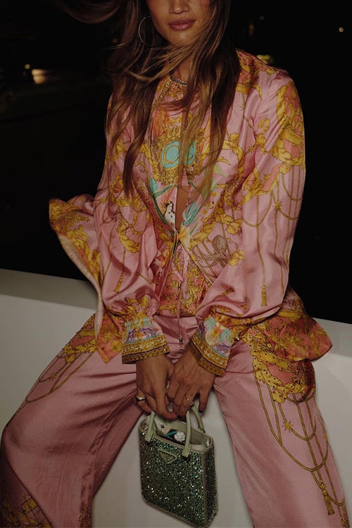 Valenzora | Rosiedress Unique Print Lantern Long Sleeve Blouse Shirt and Wide Leg Trousers Holiday Outfit Set