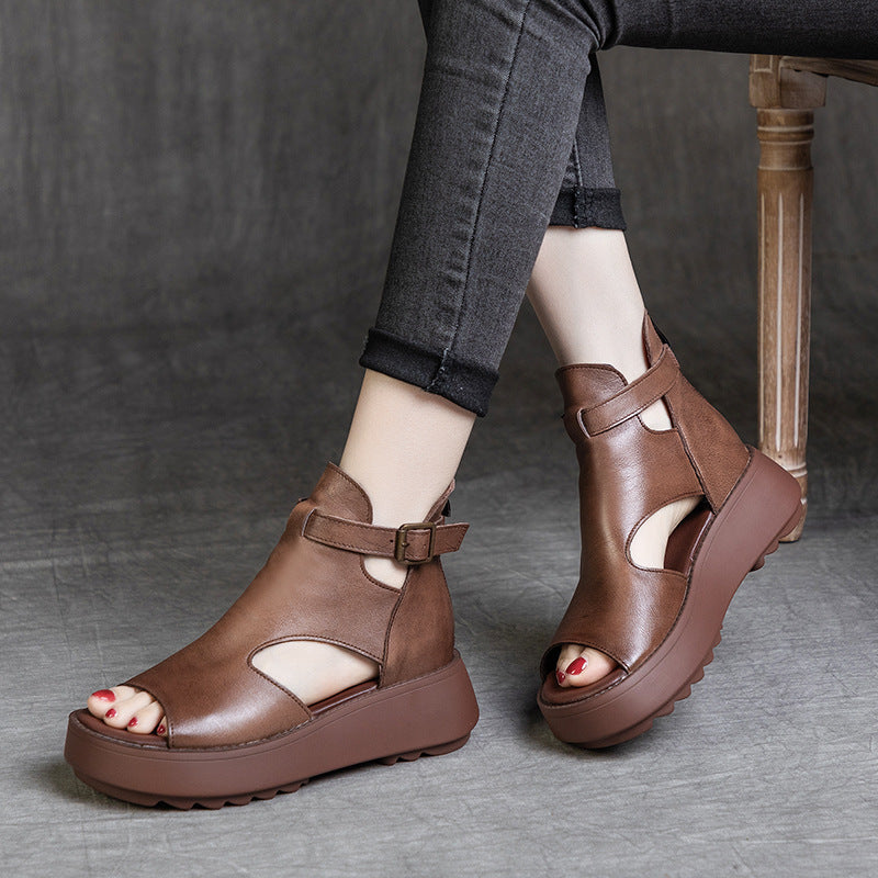 Valenzora | Summer New Retro First Layer Cowhide Back Peep Toe Sandals for Women