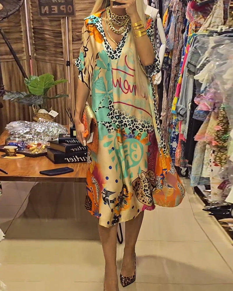 Valenzora | Casual dress with deep V-neck and leopard and colorful print