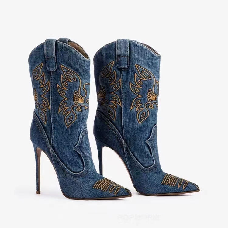 Valenzora | Women's Fashion Western Denim Style High Heels Boots