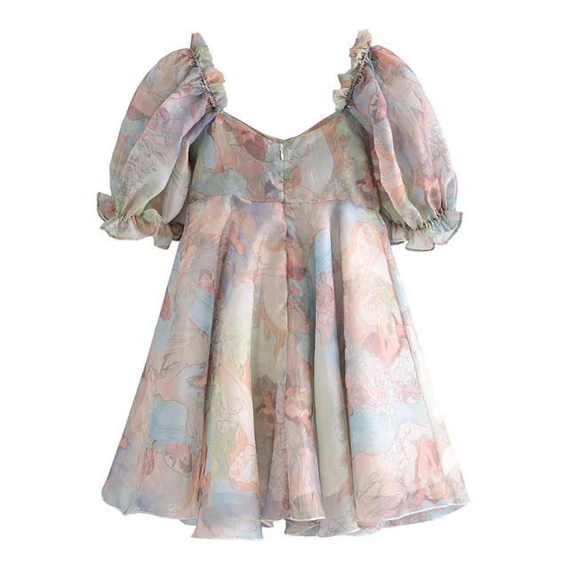 Valenzora | Organza dress with floral pattern, puff sleeves and sweetheart neckline