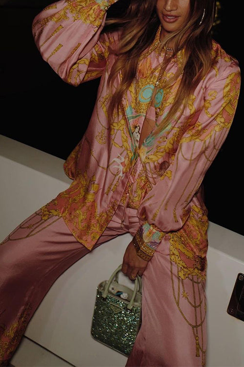 Valenzora | Rosiedress Unique Print Lantern Long Sleeve Blouse Shirt and Wide Leg Trousers Holiday Outfit Set