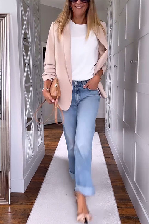 Valenzora | Blazer mit offener Vorderseite, Rüschen und langen Ärmeln in Apricot